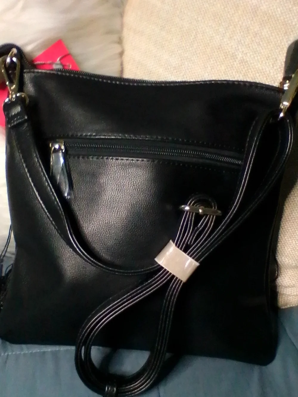 VETTA Black Fringe Crossbody with Gold Rhinestone Strips